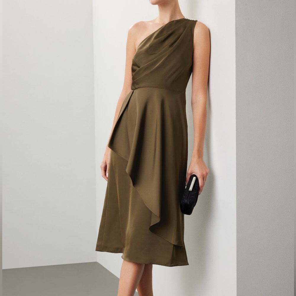 Sachin & Babi Evangeline One Shoulder Olive Green Satin Sleeveless Midi Dress 8